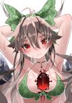  1girl absurdres ahoge armpits arms_behind_head bangs bikini bird_wings black_wings blush bow breasts brown_hair choker closed_mouth commentary_request green_bikini green_bow green_choker hair_between_eyes hair_bow highres large_breasts long_hair looking_at_viewer ninniku_(mfu7324) red_eyes reiuji_utsuho solo swimsuit third_eye touhou upper_body wings 