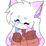 &lt;3 &lt;3_eyes anthro canid canine canis clothing domestic_cat domestic_dog dreamymitzi_(artist) felid feline felis female food fruit hybrid kemono looking_at_viewer mammal mitzi_(dreamymitzi) one_eye_closed plant sfw simple_background solo solo_focus strawberry sweater topwear white_background wink winking_at_viewer 