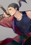  1boy arm_guards auron bare_shoulders black_hair blue_shirt collarbone cowboy_shot final_fantasy final_fantasy_x gold_trim grey_background hadanugi_dousa hair_pulled_back highres holding holding_sword holding_weapon japanese_clothes kimono long_hair looking_to_the_side male_focus nini_tw99 over_shoulder ponytail red_kimono shirt sleeveless sleeveless_shirt solo sword weapon weapon_over_shoulder younger 