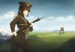  1girl absurdres backpack bag blue_eyes british british_army brown_hair gun hat hermann highres lee-enfield load_bearing_equipment looking_at_viewer military military_uniform peaked_cap rifle uniform weapon world_war_ii 