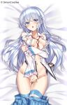  1girl bangs bare_shoulders blue_eyes blue_hair blush breasts clothes_pull collarbone copyright dakimakura_(medium) detached_sleeves groin hair_between_eyes hair_ornament highres holding_own_arm kuuki_shoujo long_hair long_sleeves looking_at_viewer lying medium_breasts navel neck_ribbon no_panties open_clothes open_mouth open_shirt pleated_skirt red_ribbon ribbon shirt sideboob simon_creative_tw skirt skirt_pull sleeveless sleeveless_shirt solo stomach stomach_day the_personification_of_atmosphere thighhighs 