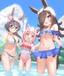  3girls absurdres alternate_costume animal_ears bikini black_hair blue_eyes breasts cleavage collarbone commentary_request factory314 glasses haru_urara_(umamusume) highres horse_ears horse_tail large_breasts multiple_girls navel off-shoulder_bikini off_shoulder pink_eyes pink_hair purple_eyes rice_shower_(umamusume) small_breasts swimsuit tail umamusume zenno_rob_roy_(umamusume) 