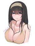  1girl :t argyle_hairband armpit_crease bikini black_hair blue_eyes blush breasts brown_bikini cleavage collarbone cropped_torso hair_between_breasts highres idolmaster idolmaster_cinderella_girls large_breasts looking_at_viewer rufei_bot sagisawa_fumika solo straight_hair swimsuit twitter_username upper_body 