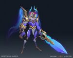  1boy aatrox alternate_costume armor artist_name black_background capricorn claws colored_skin full_body glowing glowing_eyes gradient gradient_background greatsword grey_background holding holding_sword holding_weapon horns league_of_legends male_focus purple_skin see_you shoulder_armor shoulder_plates solo standing sword weapon wings 