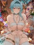  1girl absurdres alternate_costume areola_slip armlet asymmetrical_hair bare_shoulders blue_hair blue_hairband blurry blurry_background blush bracelet breasts candle chain closed_mouth collarbone covered_nipples dancer eula_(genshin_impact) flower genshin_impact groin hairband highres jewelry large_breasts medium_hair neck_ring nvl open_hands pelvic_curtain purple_flower revealing_clothes ring rug sitting smile teapot thighhighs thighlet thighs vase white_thighhighs yellow_eyes 