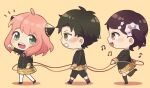  1boy 2girls :d anya_(spy_x_family) becky_blackbell black_dress black_thighhighs brown_eyes brown_hair chibi child damian_desmond dmanya dress eden_academy_uniform female_child green_eyes hairpods holding holding_rope leggings looking_at_another multiple_girls musical_note open_mouth pink_hair rope simple_background smile spy_x_family thighhighs twintails white_leggings yellow_background 