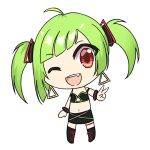  1girl ahoge bangs chibi chiem delutaya diagonal_bangs earrings fang gold_earrings green_hair indie_virtual_youtuber jewelry miniskirt navel red_eyes skirt solo third-party_source transparent_background triangle_earrings triangle_hair_ornament twintails utaite_(singer) virtual_youtuber 