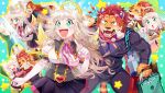  +_+ 1boy 1girl ? angel animal_ears bag blonde_hair blue_background blush bow clothes clothes_hanger collared_shirt fangs fangs_out frilled_gloves frills furry furry_male gabriel_(housamo) gloves gradient gradient_background gradient_hair green_background green_eyes halo heart large_pectorals long_hair looking_at_another multicolored_hair multiple_views muscular muscular_male nomad_(housamo) official_art open_mouth pectorals polka_dot polka_dot_background red_eyes red_hair red_scarf ribbon scarf shirt shopping_bag short_hair sidelocks smile sparkle star_(symbol) sumi_wo_hakuneko sweatdrop tail tiger_boy tiger_ears tiger_stripes tiger_tail tokyo_afterschool_summoners whiskers white_gloves yawning 