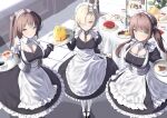  3girls :o absurdres apron aqua_eyes azur_lane bangs black_dress black_footwear blonde_hair brown_hair cake cheesecake chocolate_cake cien_(shikanokuni) closed_mouth commentary_request cup detached_sleeves dress food frilled_apron frills fruit glasgow_(azur_lane) hair_over_one_eye highres holding holding_tray indoors juliet_sleeves long_skirt long_sleeves looking_at_viewer maid maid_apron maid_headdress multiple_girls newcastle_(azur_lane) pastry petticoat puffy_long_sleeves puffy_short_sleeves puffy_sleeves saucer sheffield_(azur_lane) short_sleeves skirt smile strawberry strawberry_shortcake swept_bangs swiss_roll tart_(food) tea teacup teapot thighhighs tray white_apron white_thighhighs window yellow_eyes 