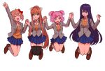  4girls bangs black_thighhighs blue_skirt breasts brown_footwear brown_hair calf_socks cardigan clenched_hand closed_eyes collared_shirt doki_doki_literature_club full_body green_eyes grey_jacket hair_between_eyes hair_ornament hair_ribbon hairclip highres holding_hands jacket jumping knees_together_feet_apart loafers long_hair long_sleeves ma2_ereki monika_(doki_doki_literature_club) multiple_girls natsuki_(doki_doki_literature_club) neck_ribbon open_mouth orange_cardigan outstretched_arm pink_eyes pink_hair pleated_skirt ponytail purple_eyes purple_hair red_ribbon ribbon sayori_(doki_doki_literature_club) school_uniform shirt shoes short_hair short_twintails sidelocks skirt smile sweat swept_bangs thighhighs twintails w_arms white_background white_ribbon white_shirt yuri_(doki_doki_literature_club) 