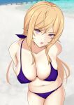  1girl absurdres arms_behind_back bajitohfu bare_shoulders beach bikini blonde_hair blush breasts collarbone commentary_request highres large_breasts leaning_forward long_hair looking_at_viewer nakiri_erina navel ocean open_mouth paid_reward_available purple_bikini purple_eyes sand shokugeki_no_souma sidelocks skindentation solo stomach swimsuit teeth upper_teeth v-shaped_eyebrows wet 