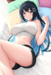  1girl absurdres bare_arms bare_legs bare_shoulders black_hair black_shorts blue_eyes blue_hair blush breasts commentary crop_top grin hair_ornament highres large_breasts long_hair looking_at_viewer lying multicolored_hair mutenka_(plfgb) navel on_back on_bed original parted_lips pillow short_shorts shorts smile solo stomach strap_slip symbol-only_commentary tank_top thighs two-tone_hair x_hair_ornament 