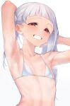  1girl :d arashi_chisato armpits arms_up bangs bikini blunt_bangs blush collarbone ear_blush flat_chest grey_hair grin highres long_hair love_live! love_live!_superstar!! nasuno_(nasuno42) parted_lips red_eyes revision simple_background smile solo steaming_body sweat swimsuit tan tanlines teeth twintails upper_body white_background white_bikini 