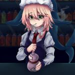  1girl alternate_costume arm_garter bar black_vest blue_headwear cigarette collared_shirt commentary_request gourd green_eyes highres holding long_sleeves necktie ofuda okunoda_miyoi pink_hair red_necktie shirt short_hair solo tierra_misu touhou vest whale_hat white_shirt 