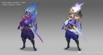  1boy alternate_costume armor artist_name bangs barefoot character_name colored_skin full_body glowing glowing_eyes gradient gradient_background grey_background helmet horns katana league_of_legends long_hair male_focus multiple_views pants purple_eyes purple_pants purple_skin see_you shoulder_armor space_print standing starry_sky_print sword weapon white_hair yasuo_(league_of_legends) 