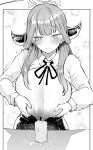  1girl aru_(blue_archive) blue_archive blush breast_milk breast_squeeze breasts breasts_out closed_mouth collared_shirt cup greyscale halo horns huge_breasts lactation long_hair long_sleeves looking_at_viewer miyoshi_(triple_luck) monochrome neck_ribbon nipples ribbon shirt skirt solo 