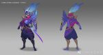  1boy alternate_costume armor artist_name bangs barefoot character_name clenched_hand colored_skin from_behind full_body glowing glowing_eyes gradient gradient_background grey_background helmet horns katana league_of_legends long_hair male_focus multiple_views pants purple_eyes purple_pants purple_skin see_you shoulder_armor standing sword weapon yasuo_(league_of_legends) 