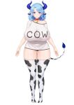  +_+ 1girl absurdres animal_ears animal_print arms_at_sides artist_request bangs bell blue_eyes blue_hair blue_horns blush breasts closed_mouth collar collarbone cow_ears cow_print cow_tail dot_nose english_text full_body highres horn_ornament horns huge_breasts lips looking_at_viewer mole mole_under_eye mole_under_mouth neck_bell off_shoulder original shirt short_sleeves simple_background solo standing straight-on tail tareme taut_clothes taut_shirt thighhighs white_background white_shirt 