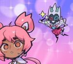  1boy 1girl :o black_skin blush colored_skin crown fiddlesticks hand_up league_of_legends one_eye_closed phantom_ix_row pink_background pink_eyes pink_hair pink_skirt purple_background scarecrow sketch skirt sparkle star_guardian_(league_of_legends) star_guardian_taliyah star_nemesis_fiddlesticks sweatdrop taliyah twintails 