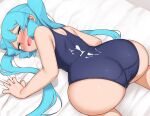  1girl abmayo all_fours alternate_costume ass bangs bare_arms bare_shoulders blue_swimsuit blush breasts commentary_request cum cum_on_back cum_on_clothes from_behind green_eyes green_hair grey_background hatsune_miku highres long_hair looking_back medium_breasts monochrome one-piece_swimsuit open_mouth simple_background solo swimsuit twintails vocaloid 