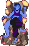  3_toes :3 absurd_res barefoot black_sclera blue_body blue_eyes blue_hair blue_skin bottomwear chair choker clawed_feet clothing crop_top deepfriedlasereyes demon dragon_tail feet furniture gemstones hair hi_res horn humanoid humanoid_pointy_ears jewelry long_hair male necklace pants pointed_nails rock shirt sitting_on_throne throne toes topwear 