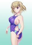  1girl adjusting_clothes adjusting_swimsuit ass bangs blonde_hair breasts competition_swimsuit covered_nipples from_behind gradient gradient_background hair_ribbon hanny looking_at_viewer looking_back mottio one-piece_swimsuit purple_eyes rance_(series) ribbon shiny shiny_skin sideboob simple_background solo swimsuit twintails twisted_torso urza_pranaice 