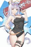  1girl animal_ears bangs black_swimsuit blunt_bangs casual_one-piece_swimsuit cowboy_shot eyewear_on_head gold_ship_(run_revolt_launcher)_(umamusume) gold_ship_(umamusume) grey_hair hand_on_hip highres horse_ears horse_girl horse_tail long_hair looking_at_viewer m1_bazooka number_pun one-piece_swimsuit oshage_(osyage921) purple_eyes rocket_launcher solo sunglasses super_smashing_summer_vacation_(umamusume) swimsuit tail umamusume weapon 