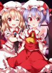  2girls bangs blonde_hair blush cosplay costume_switch eyes_visible_through_hair flandre_scarlet flandre_scarlet_(cosplay) frills hair_between_eyes highres looking_at_viewer multiple_girls one-hour_drawing_challenge one_eye_closed one_side_up open_mouth red_eyes remilia_scarlet remilia_scarlet_(cosplay) ruu_(tksymkw) short_hair smile standing teeth tongue touhou wrist_cuffs 