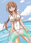  1girl blue_eyes blue_sky breasts brown_hair casual_one-piece_swimsuit cleavage cloud cloudy_sky collarbone commentary covered_navel day eyebrows_hidden_by_hair floating_hair highleg highleg_swimsuit highres holding holding_innertube horizon innertube long_hair looking_at_viewer low_ponytail ocean one-piece_swimsuit open_mouth original outdoors r2ndmix shiny shiny_hair shiny_skin skin_tight sky summer swimsuit white_swimsuit 