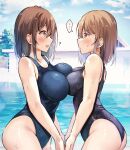  ... 2girls ? ass asymmetrical_docking bangs bare_shoulders blue_eyes blue_swimsuit blush breast_press breasts brown_hair commentary_request duplicate from_side highres large_breasts medium_hair multiple_girls one-piece_swimsuit original outdoors parted_lips pixel-perfect_duplicate pool red_eyes shiro_kuma_shake smile spoken_ellipsis swimsuit yuri 