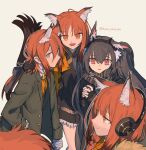  1boy 3girls animal_ears arknights arm_around_shoulder black_dress black_gloves black_scarf cape deer_ears deer_girl dress extra_ears fingerless_gloves fur_trim gloves green_jacket grey_eyes hair_between_eyes hairband hand_in_pocket headphones husui_parashi implied_extra_ears jacket lapels long_hair looking_at_viewer lower_teeth monch_(arknights) multiple_girls open_mouth orange_cape orange_eyes orange_hair parted_lips ratatos_browntail_(arknights) scarf sciurus_browntail_(arknights) siblings simple_background sisters smile squirrel_boy squirrel_ears squirrel_girl squirrel_tail tail teeth twitter_username white_background yucatan_(arknights) 