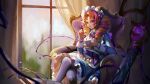  1girl absurdres bangs blonde_hair blush bow bowtie breasts cafe_cuties_gwen chair cone_hair_bun cup dress drill_hair feet_out_of_frame furioso gem gwen_(league_of_legends) hair_bow hair_bun highres holding holding_cup indoors league_of_legends long_sleeves looking_at_viewer maid_headdress multicolored_hair pantyhose parted_bangs parted_lips pink_hair purple_bow purple_bowtie sitting smile solo spoon teeth twin_drills twintails two-tone_hair window 