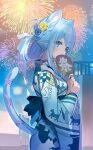  1girl aerial_fireworks animal_ears animal_print blue_eyes blue_flower blue_hair blue_kimono blue_rose breasts cat_ears cat_girl cat_print cat_tail cloud commentary_request covered_mouth fireworks flower hair_flower hair_ornament hair_rings hand_fan hand_up highres holding holding_fan indie_virtual_youtuber japanese_clothes kimono long_sleeves looking_at_viewer looking_to_the_side night night_sky outdoors paper_fan print_kimono purple_flower purple_rose rk_(rktorinegi) rose sky small_breasts solo soraneko_kurumi tail tail_raised uchiwa virtual_youtuber wide_sleeves yellow_flower yellow_rose 
