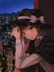 1girl bow brown_eyes brown_hair building city city_lights cityscape fedora fumei_(mugendai) hat hat_bow looking_at_viewer necktie night night_sky open_mouth photo_background plaid plaid_capelet red_necktie sky skyline skyscraper solo star_(sky) starry_sky touhou upper_body usami_renko white_bow wing_collar 