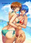  2girls arm_around_neck arm_around_waist ass beach bikini blue_hair blue_sky breasts brown_eyes brown_hair cleavage cloud dha from_behind genderswap genderswap_(mtf) heart heart_in_mouth highres large_breasts looking_back menad_shisei multiple_girls ocean open_mouth outdoors rance_(series) ransuko side-tie_bikini sideboob sky smile summer swimsuit wide_hips 