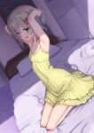  1girl armpits bare_arms bare_shoulders commentary_request dress dutch_angle green_eyes grey_hair hair_ornament hairclip highres kohshibasaki looking_at_viewer on_bed open_mouth pillow seiza shade short_hair sitting sleeveless sleeveless_dress solo spaghetti_strap thighs yama_no_susume yukimura_aoi 