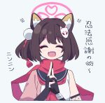  1girl :d animal_ear_fluff animal_ears bangs blue_archive brown_hair eyeshadow fox_ears fox_girl gloves hair_ornament halo highres izuna_(blue_archive) kuji-in makeup neckerchief ninja open_mouth partially_fingerless_gloves pink_neckerchief pink_scarf pom_pom_(clothes) pom_pom_hair_ornament red_eyeshadow scarf short_hair smile solo uhouhogorigori wrist_wrap 