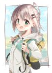  1girl ahoge backpack bag commentary_request green_eyes grey_hair hair_ornament hairclip highres hood hooded_jacket jacket kohshibasaki long_sleeves looking_at_viewer open_mouth short_hair solo upper_body white_jacket yama_no_susume yukimura_aoi 