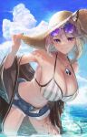  1girl absurdres animal_ear_fluff animal_ears arknights bangs bare_shoulders beach bikini blonde_hair blue_shorts blue_sky blush breasts cat_ears cleavage collarbone denim denim_shorts eyewear_on_head grey_bikini hat highres large_breasts looking_at_viewer monge_baby navel ocean official_alternate_costume purple-tinted_eyewear purple_eyes round_eyewear short_hair short_shorts shorts sky smile solo straw_hat striped striped_bikini sunglasses swimsuit thighs tinted_eyewear utage_(arknights) utage_(summer_flowers)_(arknights) vertical-striped_bikini vertical_stripes white_bikini 