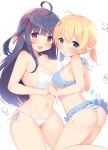  2girls :d :o ahoge asymmetrical_docking bangs bare_arms bare_shoulders bikini black_hair blonde_hair blue_eyes blush breast_press breasts commentary_request fang frilled_bikini frills hair_between_eyes highres holding_hands interlocked_fingers kagerou_(shadowmage) large_breasts long_hair multiple_girls navel original parted_lips red_eyes side-tie_bikini simple_background smile striped striped_bikini swimsuit two_side_up very_long_hair white_background white_bikini 