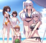  5girls absurdres ahoge akizuki_(kancolle) ass ball bangs bare_arms bare_legs bare_shoulders beach bikini bikini_under_clothes black_bikini black_hair black_swimsuit blue_eyes blush breasts brown_eyes brown_hair cleavage closed_mouth cloud competition_swimsuit cowboy_shot fuyutsuki_(kancolle) grey_eyes grey_hair hair_between_eyes hatsuzuki_(kancolle) highres holding holding_ball kantai_collection kiritto large_breasts long_hair looking_at_viewer medium_breasts multiple_girls one-piece_swimsuit one_side_up outdoors ponytail shirt sky smile suzutsuki_(kancolle) swimsuit teruzuki_(kancolle) umbrella unfinished very_long_hair white_bikini white_shirt 