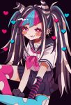  1girl alternate_hairstyle ameko53133 asymmetrical_legwear bangs black_hair blue_hair blush_stickers danganronpa_(series) danganronpa_2:_goodbye_despair ear_piercing green_thighhighs hair_horns hair_ornament heart heart_hair_ornament highres jewelry long_hair mioda_ibuki mismatched_legwear mouth_piercing multicolored_hair piercing pink_eyes pink_hair pink_thighhighs scar school_uniform serafuku shirt short_sleeves sitting skirt smile solo stitches thighhighs torn_clothes torn_legwear twintails white_hair 