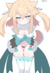  :&lt; animal_ears ass_visible_through_thighs blonde_hair blue_dress blue_eyes blush breasts closed_mouth dress head_tilt highres inukaze_yamu leaning_forward looking_at_viewer maebari multicolored_thighhighs navel original simple_background small_breasts solo tail thighhighs twintails white_background white_thighhighs 