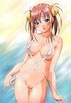  areolae bad_id bad_pixiv_id blue_eyes blush bottomless breasts brown_hair covered_nipples criss-cross_halter hair_ribbon halter_top halterneck highres large_breasts navel open_mouth original pussy ribbon sayika solo sweat swimsuit twintails uncensored 