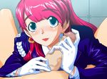  1girl blue_eyes blush censored earrings fuwa_daisuke game_cg gloves handjob hetero jewelry lipstick makeup mosaic_censoring penis perfect_hole pink_hair pov red_hair sakuragi_megu solo_focus uniform white_gloves 