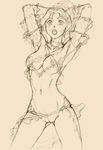  animal_ears arms_up bad_id bad_pixiv_id breasts collarbone commentary doku_sasori final_fantasy final_fantasy_xi medium_breasts midriff mithra monochrome navel nipples open_mouth ponytail pussy sketch solo standing 