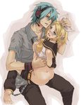  1girl aqua_eyes aqua_hair bad_id bad_pixiv_id barefoot blonde_hair blush genderswap genderswap_(ftm) hair_ornament hair_ribbon hairclip hatsune_mikuo headphones headset hetero kagamine_rin necktie open_mouth rape ribbon senbei_(roof-lock) sex short_hair shorts smile sweat tears vocaloid 