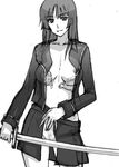  arisawa_masaharu bra breasts ga-rei ga-rei_zero greyscale isayama_yomi katana lingerie medium_breasts monochrome nipples no_panties pubic_hair school_uniform sketch solo sword underwear weapon 