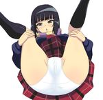  anus black_eyes black_hair blush cameltoe harem_ace hou_(hachiyou) leg_hold legs_up long_hair panties plaid plaid_skirt pubic_hair pussy scarf skirt socks solo underwear white_panties zakuro_(harem_ace) 