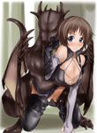  abubu all_fours bestiality blush boots breasts brown_hair buckle censored cleavage copyright_request cum doggystyle dragon gloves huge_breasts leather sex solo_focus strap thighhighs 